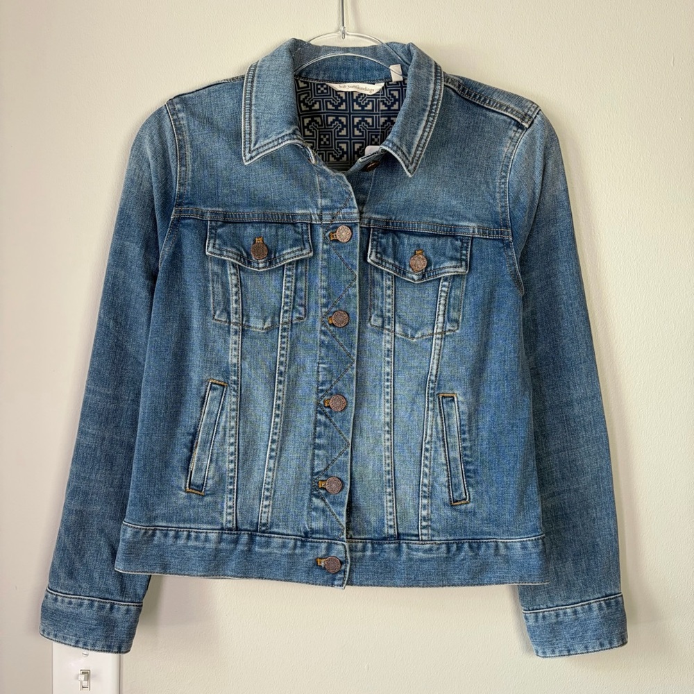 Soft Surroundings The Ultimate Denim Jean Jacket with Patterned Cuff Trim